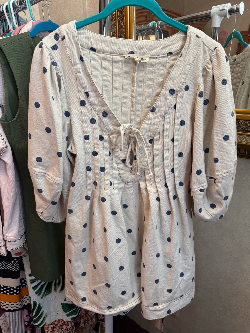 Peach Love Sweet Denim Polka Dot Loran Cream Romper - Picture 4 of 12